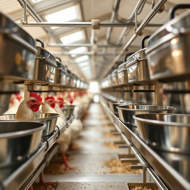 Automated chicken feeders inside Royal Farmo